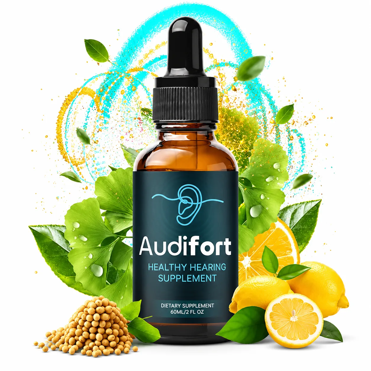 Audifort liquid supplement bottle — Natural Hearing Wellness Support Formula with dropper